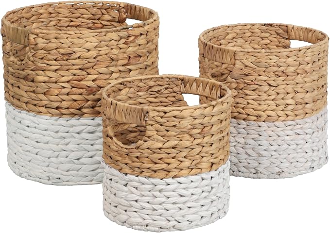 happimess Avery 3-Piece Cylinder Nesting Baskets 13", White/Natural | Hyacinth, Bohemian Cottage Style, Handwoven Wicker, Iron Metal Frame, Decorative Storage For Toys And Books, Built In Handles