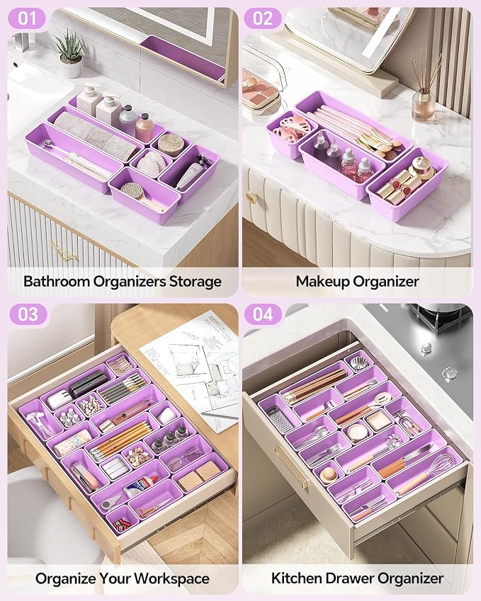 Canfanni 13 Pack Plastic Drawer Organizers Set, 3 Sizes Desk Drawer Organizer Trays for Vanity and Makeup Organizer, Organization and Storage for Makeup, Kitchen Utensils, Bathroom and Office(Purple)