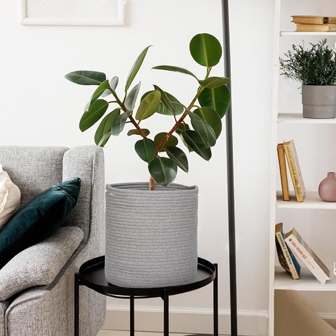 MEGASKET Cotton Rope Plant Basket, Woven Baskets Planter for 11 inch Pot, Round Indoor Tree Pot Cover, Storage Bin Organizer, Modern Basket for Plants and Home Decor, 12.5”X12.5”, Gray