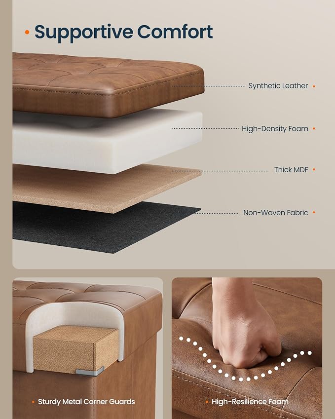 SONGMICS Home Foldable Foot Rest Stool, Storage Ottoman, Tufted Design, PU Leather, Easy Assembly and Cleaning, for Entryway, Living Room, Bedroom, 30.2 Inches, Brown