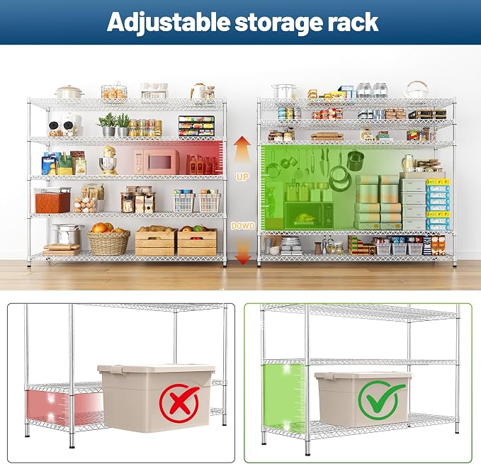REIBII 55.5" W Storage Shelves 3200LBS Metal Shelving 5 Tier Wire Shelving Garage Shelving Heavy Duty Metal Shelves for Shelving Unit Commercial Adjustable Shelf, 55.5" W X 18''D X 71" H，Chrome,2P