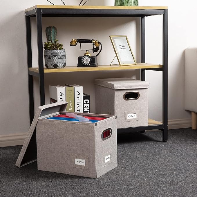File Organizer Box - Set of 2 Collapsible Decorative Linen Filing Storage Hanging File Folders with Lids Office Cabinet Letter Size Light Grey (14x9.3x10.8 inch)