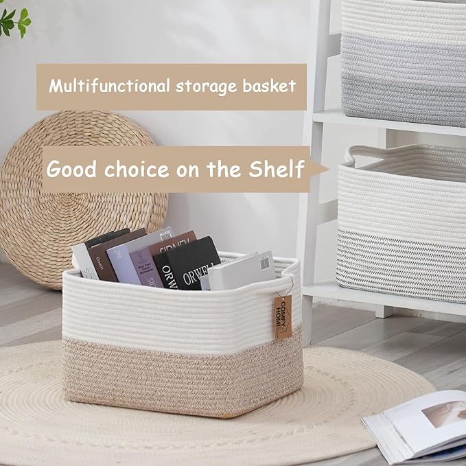 COMFY-HOMI Cotton Rope Woven Basket with Handles for Shelves,Toys,Book, Cloth Storage Baskets Bin for Organizing- 1 PCSToy Decorative Organizer for Living Room, Bathroom