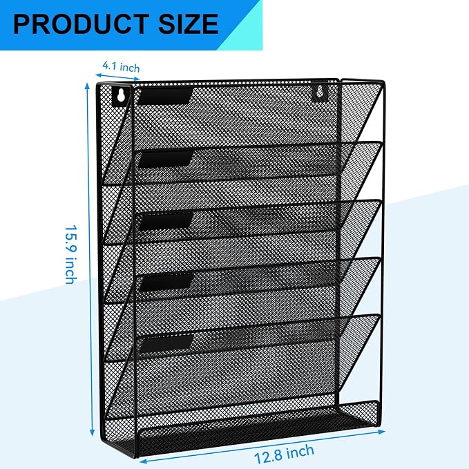 Wall File Organizer Holder Mesh Hanging Paper Document Holder,Vertical 6 Pocket Tier for Office Home, Black
