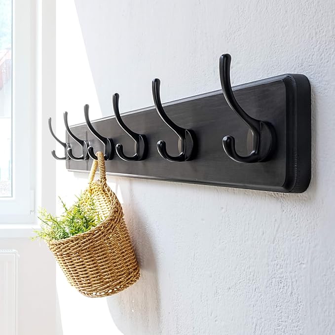Coat Rack Wall: 24" Long, Patented, Heavy-Duty, 6-Double-Hooks Wooden Wall Mounted Coat Rack Coat Hanger Hook Rail for Winter Coats Hat Jacket Clothing, Black