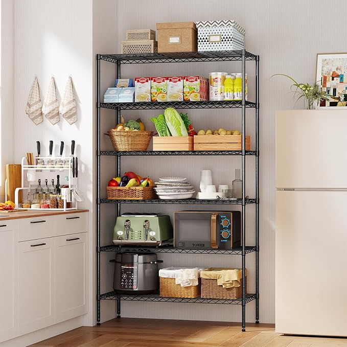 BestOffice | 6-Tier Wire Shelf with Wheels | 45" x 18" x 82" | Black | Storage Shelves with Adjustable Racks, Holds upto 2100 lbs | Rust-Resistant, No-Tool Assembly | For Home, Garage