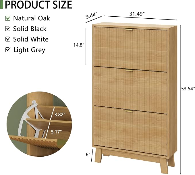 Xixini Shoe Cabinet with 3 Flip Drawers, 54" Tall Narrow Fluted Shoe Storage Organizer for Entryway, Hidden Slim Wooden Shoe Rack Cabinet for Front Door Entrance, Hallway, Living Room, Natural Oak
