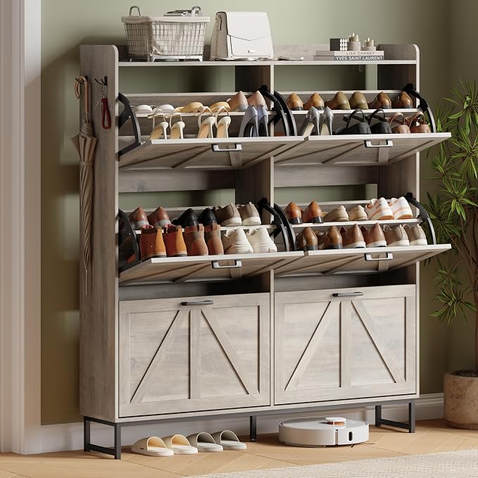 Shoe Cabinet with 6 Flip Drawers, Freestanding Hidden Shoe Storage Organizer for Entryway, Narrow Slim Shoe Rack Cabinet with Open Storage & Hooks for Front Door Entrance, Living Room, Hallway, Grey
