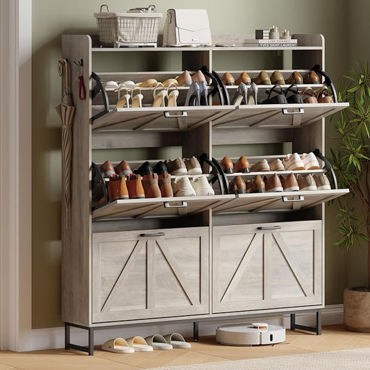 Shoe Cabinet with 6 Flip Drawers, Freestanding Hidden Shoe Storage Organizer for Entryway, Narrow Slim Shoe Rack Cabinet with Open Storage & Hooks for Front Door Entrance, Living Room, Hallway, Grey