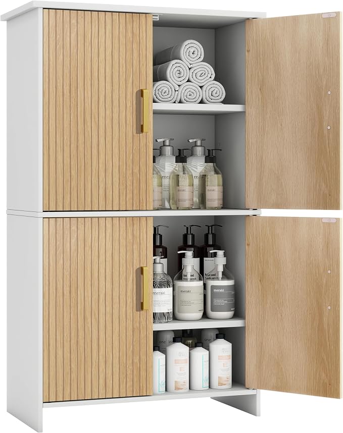 Bathroom Storage Cabinet, Floor Cabinet with 4 Fluted Doors and 2 Adjustable Shelves Wooden Tall Freestanding Organizers and Storage,White