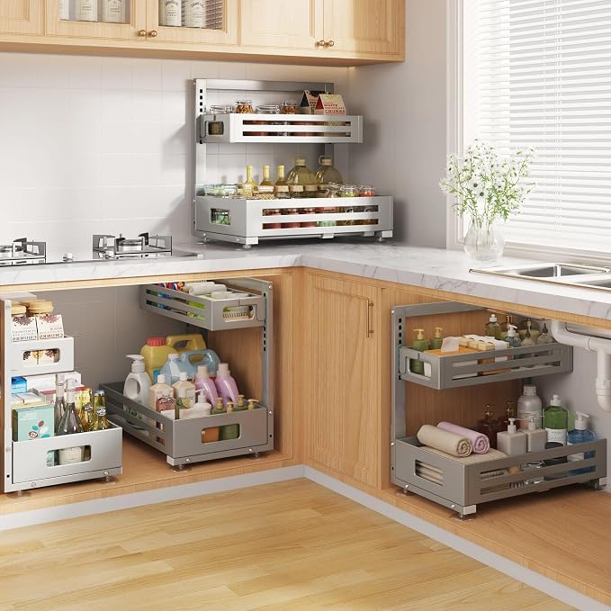2 Pack 17IN-Depth Under Sink Organizer,Pull Out Cabinet Organizer With Smooth Cylindrical Rail,Metal Slide Out Drawer for Kitchen Bathroom Laundry,8-Level Tool Free Height Adjustable-Gun Gray