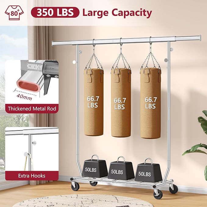 Clothes Rack with Shelf Load 350 LBS, Plating Chrome | Heavy Duty Collapsible Clothing Rack for Hanging Clothes, Extendable & Adjustable, Garment Rack with Wheels for Bedroom