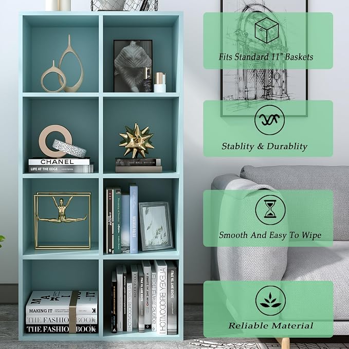 OSCHF 8-Cube Storage Shelf Bookcase, Light Blue | Wooden 4-Tier Open Bookshelf, Fits 11×11" Bins, Vertical or Horizontal Use, Full Back Panels, For Home Office