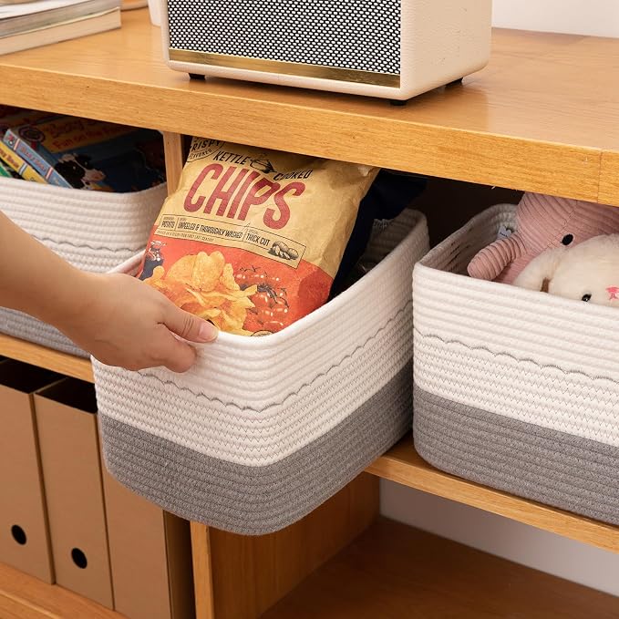 OIASKET 4 Pack Storage Baskets for Organizing, 13"X9"X7.87", Decorative Cotton Rope Baskets for Shelves, Small Woven Basket for Toys, Books and Towels, Grey & White