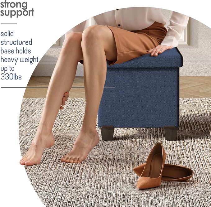 Storage Ottoman Cube with Small Bin, 15-in Square Ottoman with Storage for Living Room and Bedroom, Small Ottomans Foot Rest, Fabric Foot Stools Ottomans Max 330lbs, Blue