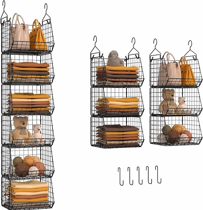 6 Tier Closet Hanging Organizer, Clothes Hanging Shelves with 4 Hanging Hooks 5 S Hooks, Wire Storage Basket Bins, for Clothing Sweaters Shoes Handbags Clutches Accessories Patent Design-Black