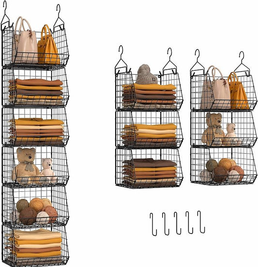 6 Tier Closet Hanging Organizer, Clothes Hanging Shelves with 4 Hanging Hooks 5 S Hooks, Wire Storage Basket Bins, for Clothing Sweaters Shoes Handbags Clutches Accessories Patent Design-Black