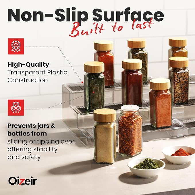 Oizeir Expandable Spice Organizer Rack - 3-Tier - Clear Adjustable Tiered Shelf Spices Organization for Kitchen Cabinet and Pantry Storage