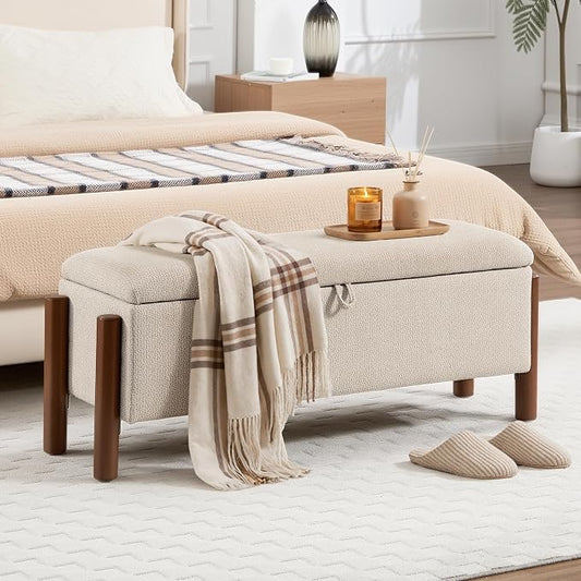 55'' Modern Storage Ottoman Benches | Walnut Wood Legs 26 Gallons Storage Space Fabric Upholstered Seating End of Bed for Bedroom Livingroom Beige