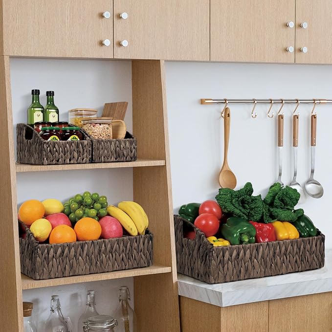 Pantry Baskets Organization, Wicker Basket for Shelf Black | Handwoven Pantry Organizers and Storage with Built-in Handles, Laundryroom Organization Storage Bins for Snack Cans