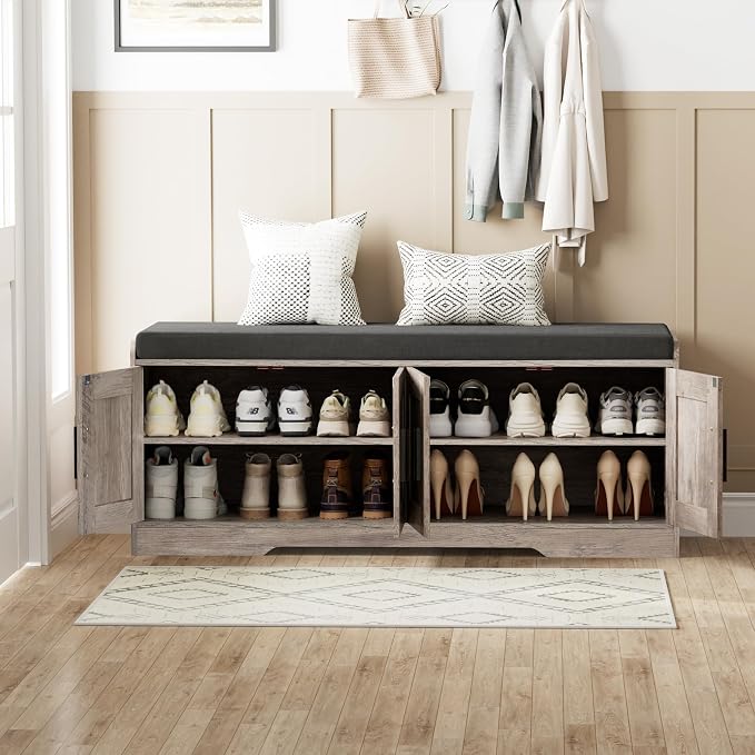 Homleke Shoe Storage Bench, 4 Doors & Thickened Padded Seat Cushion | 2-Tier Shoe Bench, Entryway Bench, Adjustable Shelf, 13.8" D x 45.3" W x 18.5" H, for Living Room, Bedroom, Greige