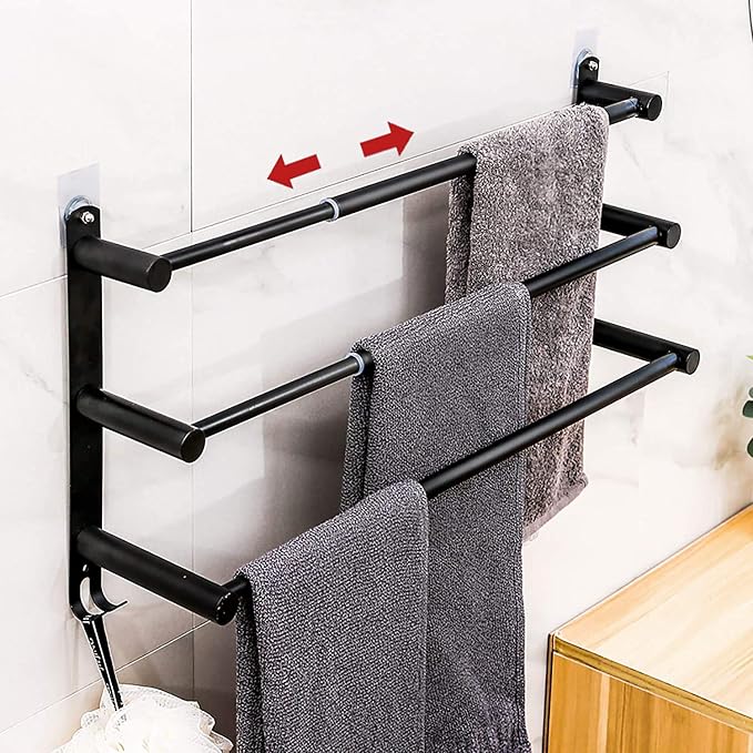 CAXIMSY Black Adjustable Towel Bar for Bathroom Wall Mount17-30.7inch Adhesive Shower Towel Rack Stainless Steel Bath Towel Holders for Toilet Kitchen Double Towel Hanger (Black 3 Bar)