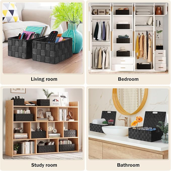 Storage Baskets with Lids: 5 Pack Stackable Woven Storage Bins, Black | Decorative Woven Baskets for Organizing with Built-In Handles for Shelves, Closets, Cabinets and Cubbies, Gift Small Basket