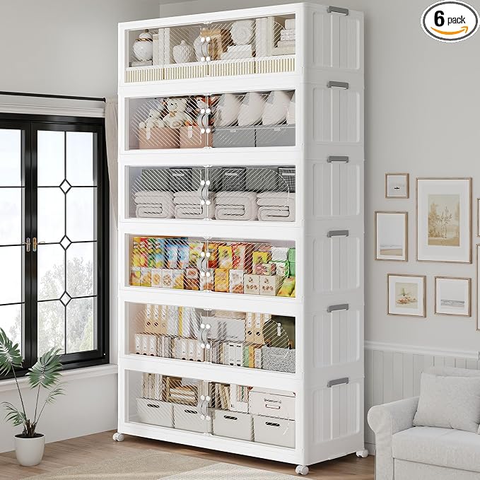 960QT Extra Large Stackable Storage Bins with Lid, 240Gal Plastic Closet Organizers and Storage Drawer, Collapsible Cabinet Box with Wheels Clear Doors for Home Kitchen Office, 6Pack White