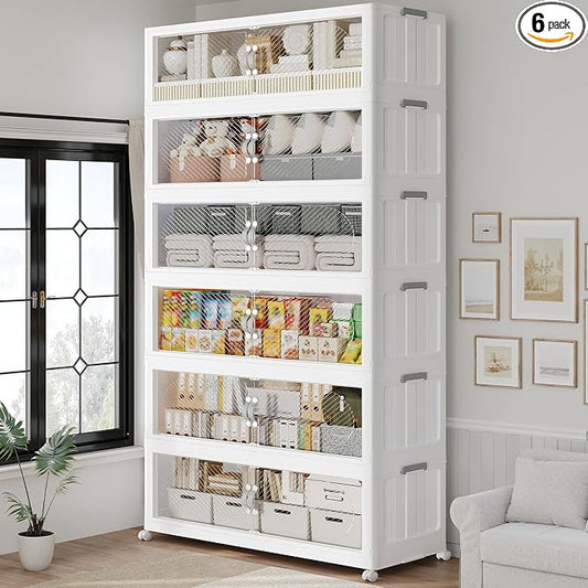 960QT Extra Large Stackable Storage Bins with Lid, 240Gal Plastic Closet Organizers and Storage Drawer, Collapsible Cabinet Box with Wheels Clear Doors for Home Kitchen Office, 6Pack White