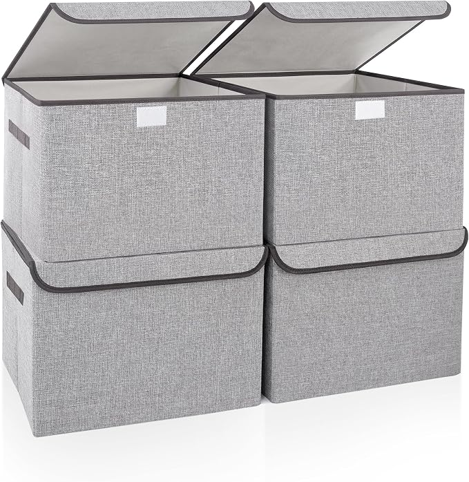 Bagnizer Linen Fabric Foldable Storage Cube Bin Organizer Basket with Flip-Top Lid & Handles, Large Clothes Blanket Box for Home, Office, Closet, Light Gray, 4 Pack 14.6 x 9.5 x 9.5”
