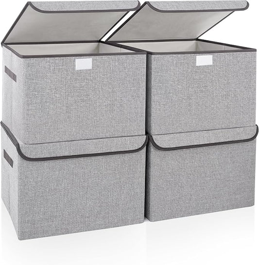Bagnizer Linen Fabric Foldable Storage Cube Bin Organizer Basket with Flip-Top Lid & Handles, Large Clothes Blanket Box for Home, Office, Closet, Light Gray, 4 Pack 14.6 x 9.5 x 9.5”