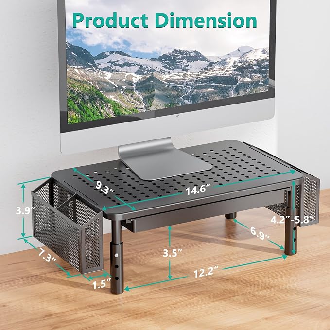 WALI Computer Monitor Stand with Storage, Desk Organizer with Drawer and Pen Holder, Desk Monitor Riser 3 Height Adjustable, Laptop Riser for Computer, Laptop, Printer (STT003DH-B), 1 Pack, Black