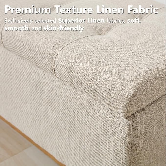 Storage Ottoman Bench, 45" End of Bed Bench, Beige | Hidden Storage Space, Linen Upholstery, Padded Cushion Top, Solid Wood Legs, 350 LBS Weight Capacity