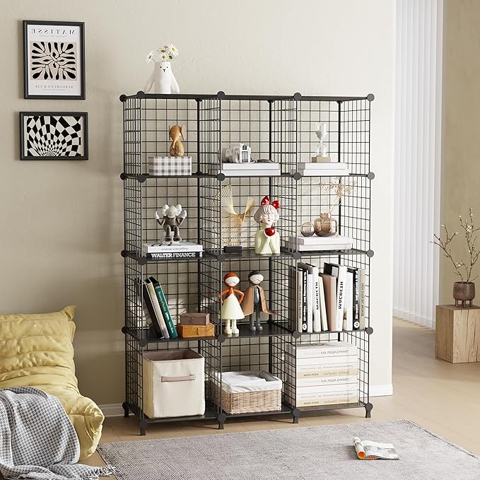 12-Cube Storage Organizer Metal Wire Shelf for Closet Office Black | Sturdy 11.8" metal wire grid, modular snap-together, tool-free. Versatile for bedroom, closet, office, craft, entryway