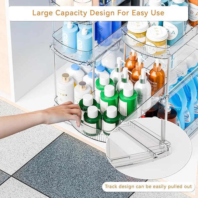 2 Pack 13.8″ Deep 3 Tier Under Sink Storage Organizer,Large Pull Out Bathroom Organizers and Storage,Slide Out Acrylic Undersink Storage Shelf,Kitchen Under Sink Organizer for Cleaning Products