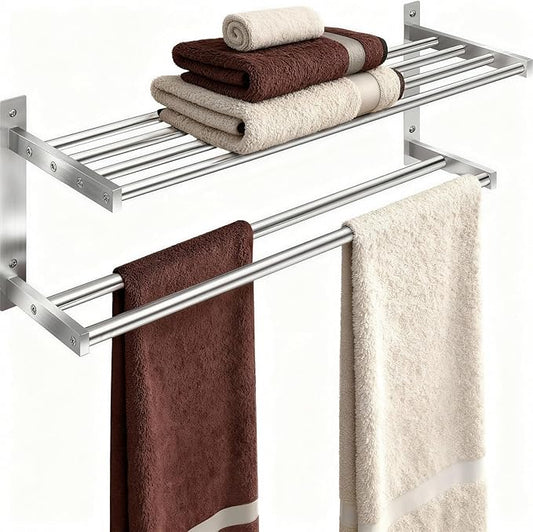 Taaji Towel Racks for Bathroom 24 inch, 2 Tier with Towel Bars, Brushed | Stainless Steel Towel Rack with Shelf, Bathroom Shelf for Towels Storage, Wall Mounted