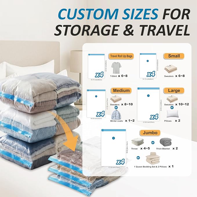 Cozy Essential Vacuum Storage Bags, 80% Compression Vacuum Seal Space Saver Plastic Packaging Bags for Clothes, Blankets, Pillow, Bedding, Comforters, Sealer Clothing Storage,20 Combo