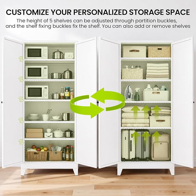 AQY 75" Pantry Cabinet, White Freestanding Storage Cabinet with 5 Adjustable Shelves, Metal Pantry Cupboard with Ventilation Design & Hanging Hooks, 2-Door Kitchen Organizer for Living Room Kitchen