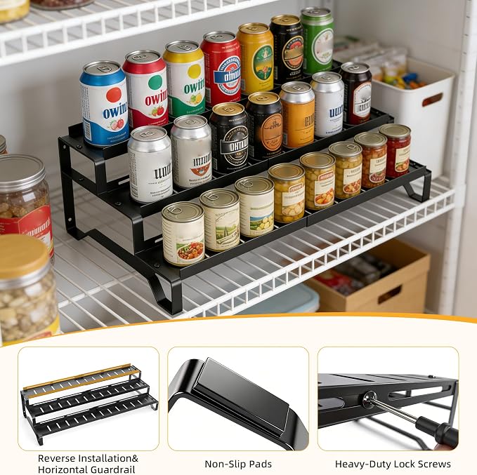 Expandable Can Organizer for Pantry, 3 Tier Metal Canned Food Storage | 13"-21" Adjustable Length, Tiered Reversible Shelf Design, Large-Capacity Storage for Pantry Kitchen Cabinets & Countertops