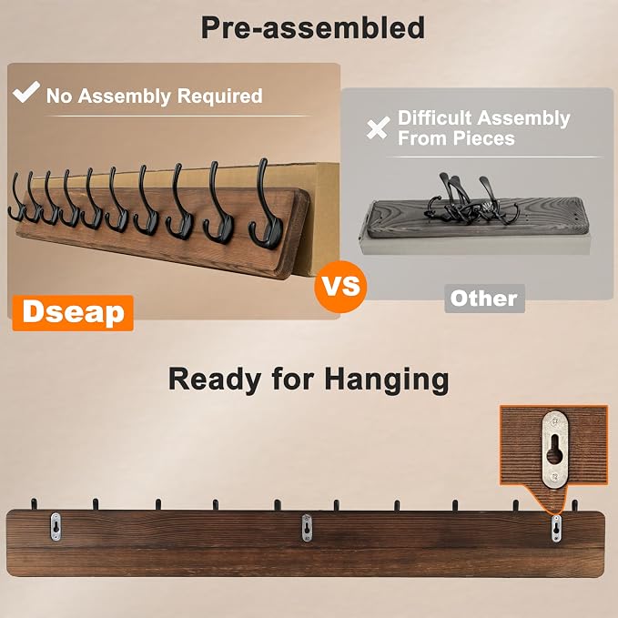 Coat Rack Wall: 38-1/4" Long, Patented, Heavy-Duty, 10-Double-Hooks Wooden Wall Mounted Coat Rack Coat Hanger Hook Rail for Winter Coats Hat Jacket Clothing, Weathered Brown
