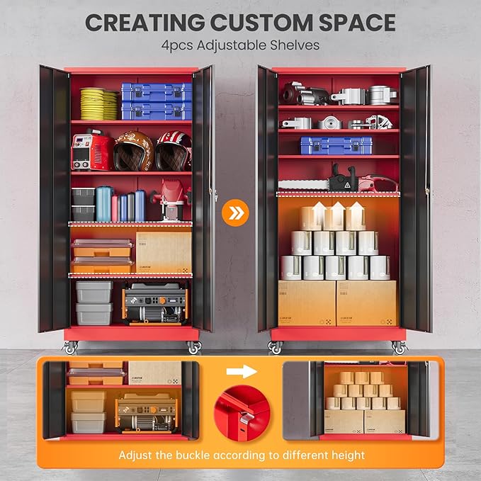 Garage Cabinet with Wheels and Adjustable Shelves, Metal Garage Storage Cabinets with 2 Doors, Storage Caninet with Lock, Heavy Duty Tool Cabnet for Workshop/Home/Office-(Black Red 75”H)
