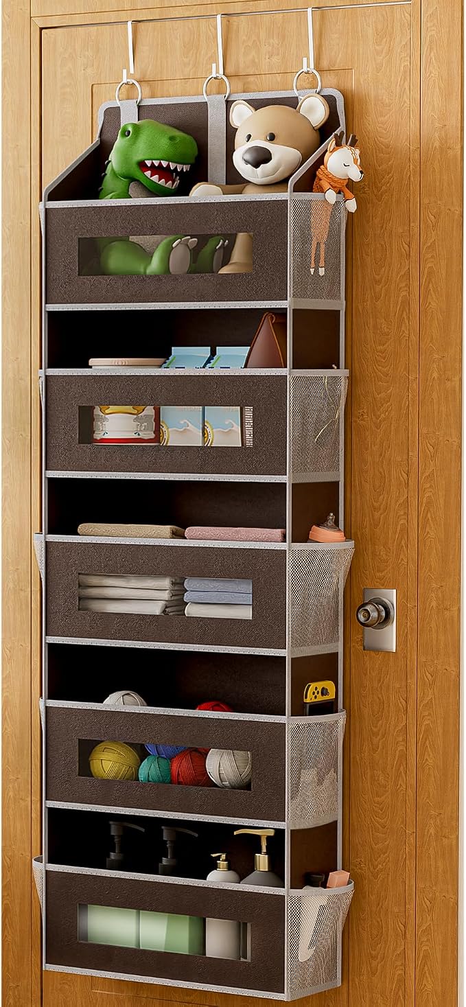 5 Tier Over The Door Organizer - Large Capacity Behind Door Hanging Shelves with 10 Mesh Pockets and Clear Windows, Closet Organizers and Storage for Bathroom, Bedroom, Nursery, Brown