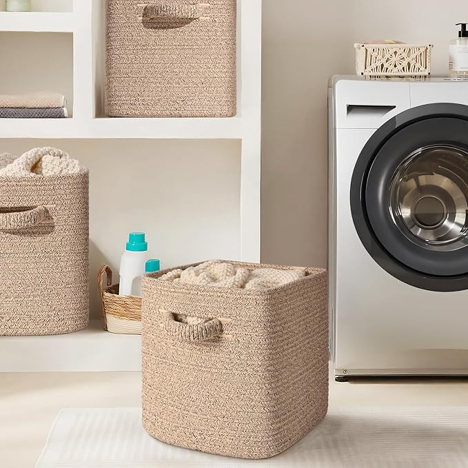 11 Inch Storage Cubes, 3 Pack Cube Storage Bins for Organizing, Cotton Rope Woven Baskets for Shelves, Bathroom, Kids Room, Closets, Baby Nursery