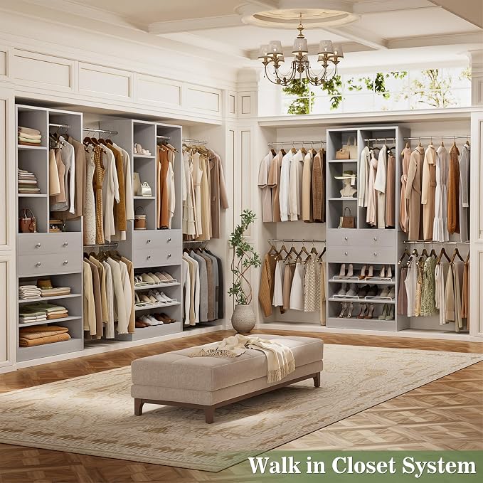 Besiost Closet System, Up to 134"/11.2 FT Closet Organizer with 4 Wooden Drawers and Shelves, Walk-in Closet System with 6 Hanging Rods, Built-in Closet Can Fit 96"/8FT, 120"/10FT, Morandi Grey Set 2