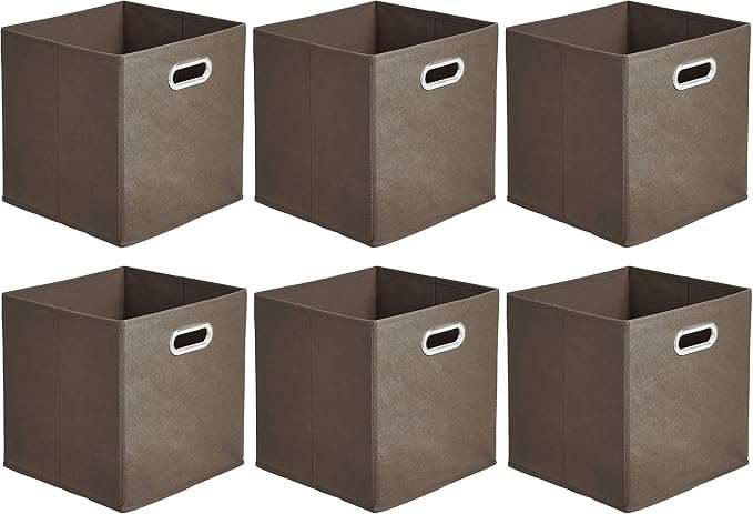 Amazon Basics Collapsible Fabric Storage Bins with Handle, Sturdy Space-Saving Cube Organizer, 10.5" x 10.5" x 11", Taupe, 6-Pack