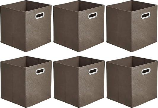 Amazon Basics Collapsible Fabric Storage Bins with Handle, Sturdy Space-Saving Cube Organizer, 10.5" x 10.5" x 11", Taupe, 6-Pack