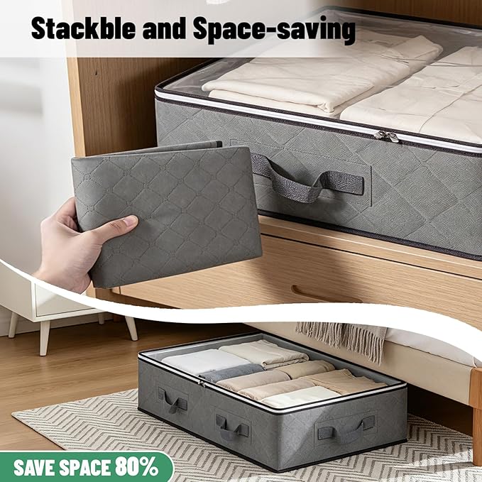 Pterying 8Pack Under Bed Storage Bags, Closet Organizers and Storage Bins with Clear Window & Reinforced Handle for Clothing, Sweater, Comforter, Blankets, Bedding | Underbed Storage Bins with Reinforced Handles, Dual-Zipper for Clothes, Comforters, Bl...