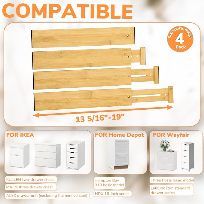 BAMEOS Bamboo Expandable Drawer Dividers – Fits 13.3"–19" Drawers, 2" High, Set of 4 | Spring-Loaded Bamboo Separator for Kitchen Island, Bathroom Vanity & Dresser Drawers