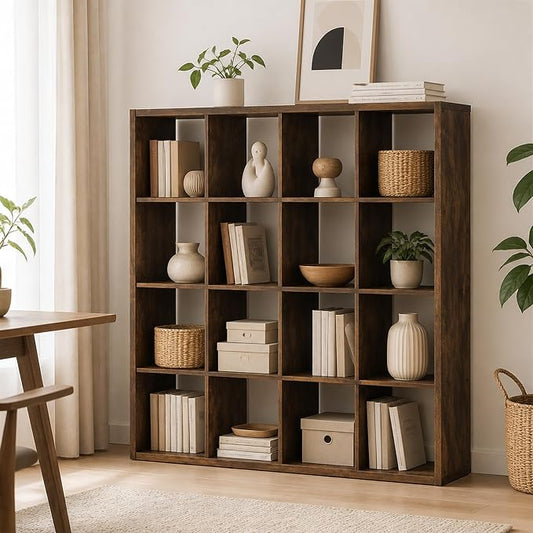 16-Cube Cubicle Bookshelf, Cube Bookcase with Open Back, Reversible Book Shelf, Cube Storage Organizer, 15 x 58 x 58, for Living Room, Home Office, Amber Pine
