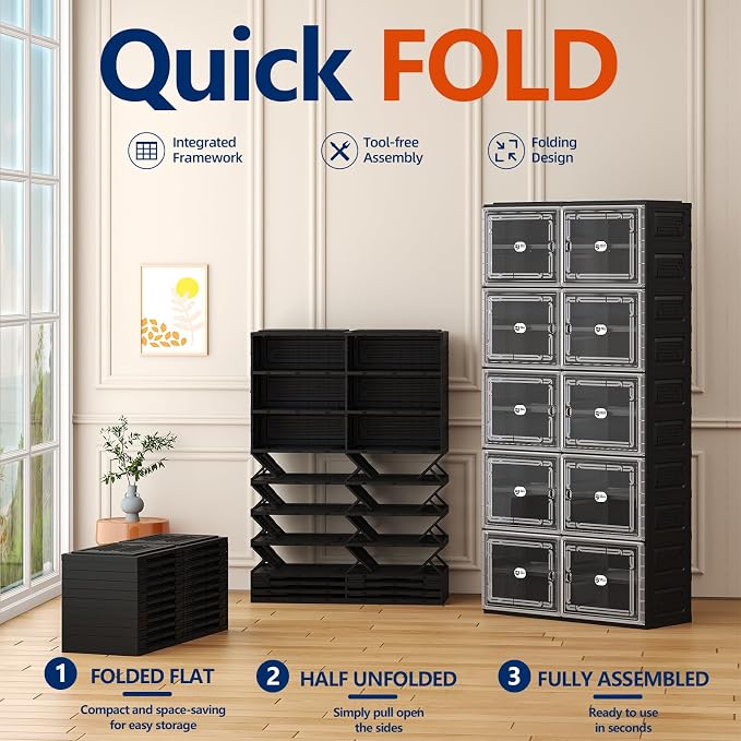 Foldable Shoe Cabinet with Magnetic Clear Doors, Wide Design Shoe Rack for Entryway, Portable Shoe Organizer Meeting Diverse Storage Needs (Black, 2Row 8Tier)